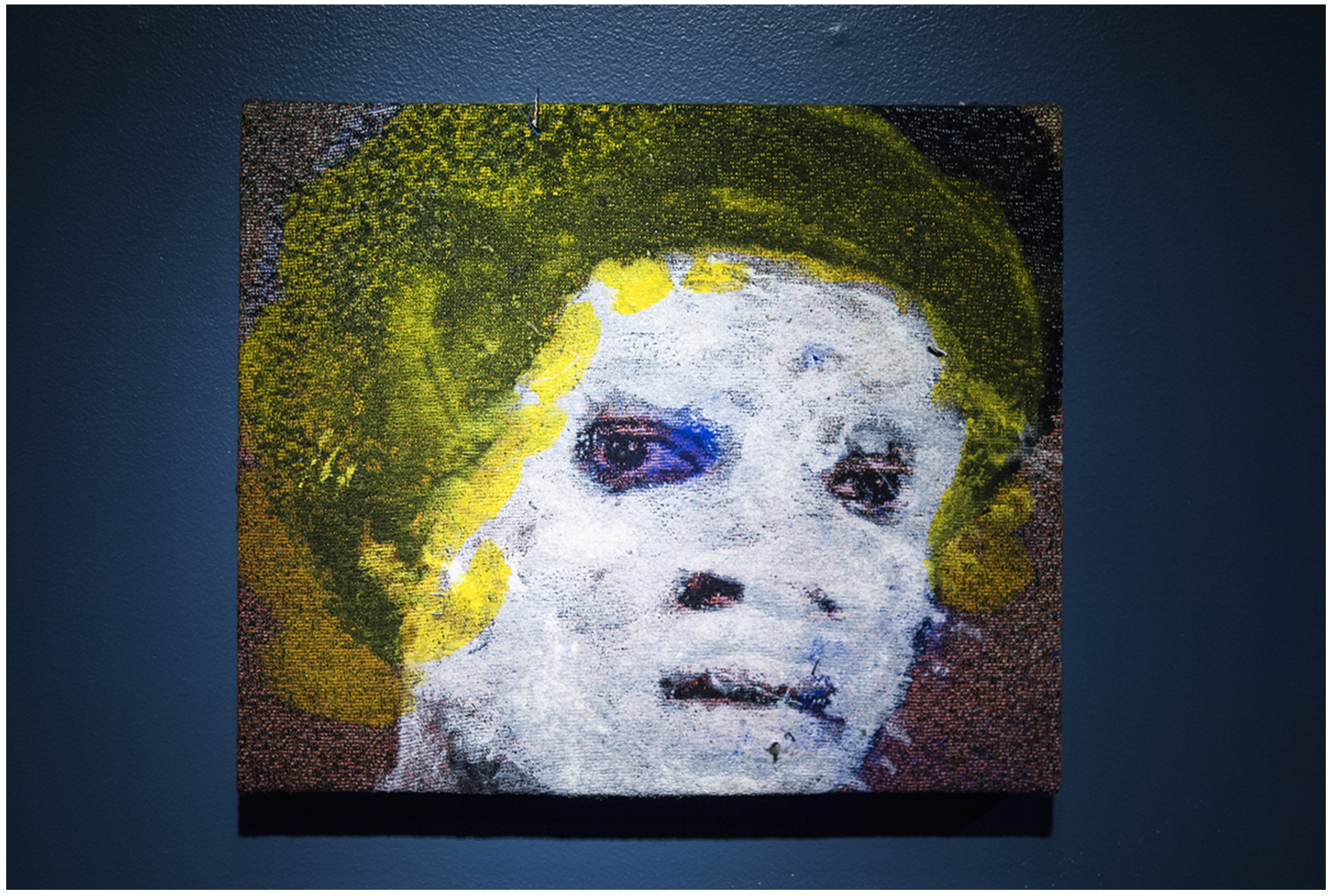 Sportsman , 2016, Acrylic on distressed, stretched Jacquard tapestry (barbershop portrait), 15” x 18”
