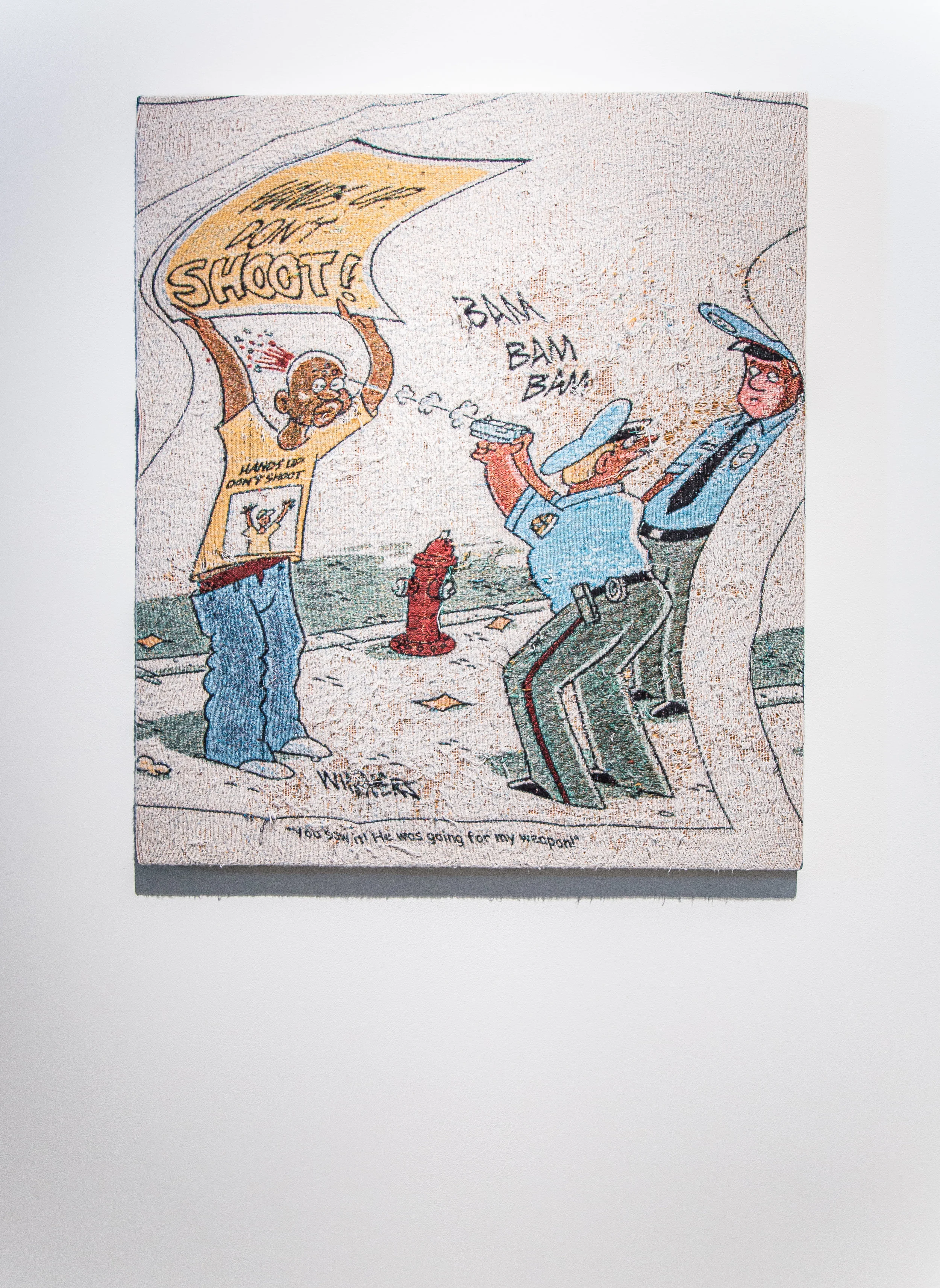 Invagination , 2016-2017, Distressed, stretched Jacquard tapestry, 5 panels, 49” x 41” each