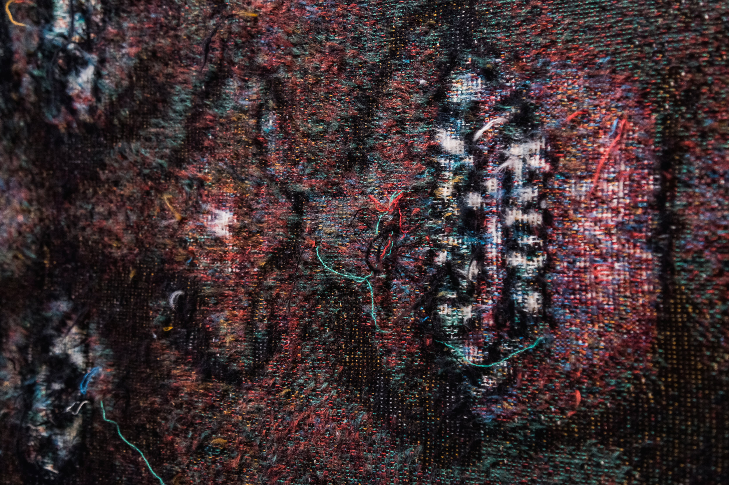 Invagination (close-up), 2016-2017, Distressed, stretched Jacquard tapestry, 5 panels, 49” x 41” each