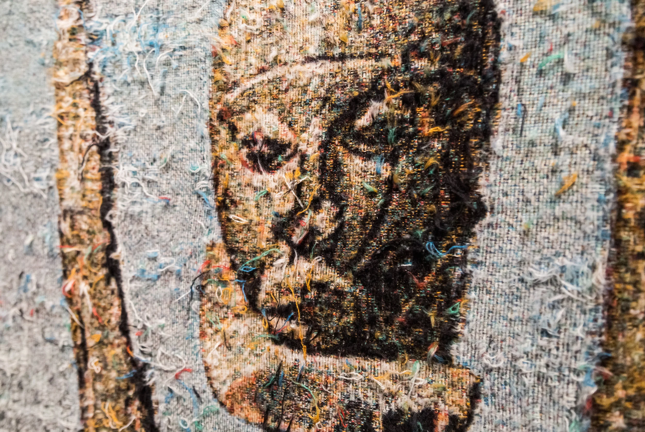 Invagination (close-up), 2016-2017, Distressed, stretched Jacquard tapestry, 5 panels, 49” x 41” each