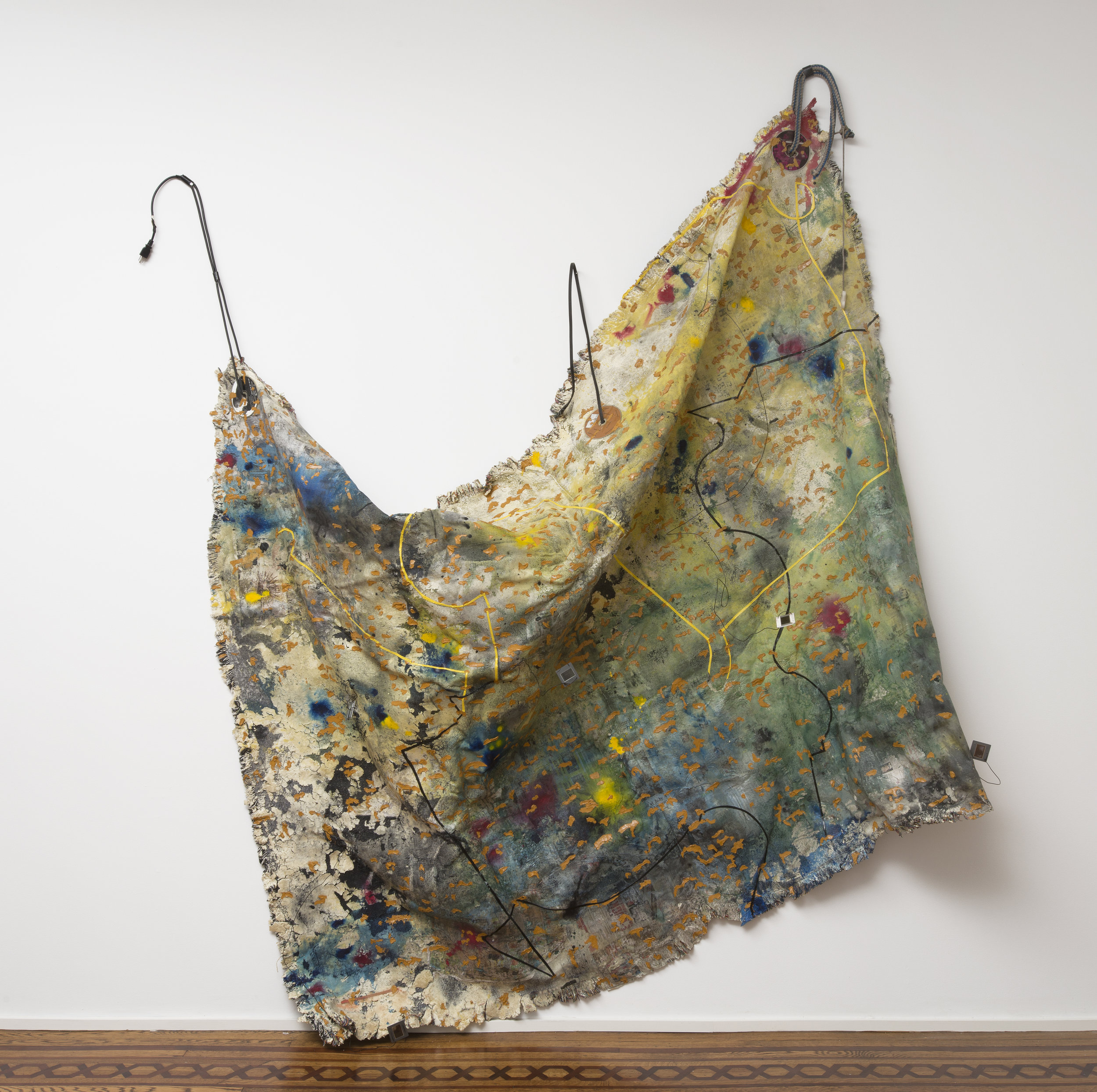 Stoppages 3 Etalon , 2013, Custom woven tapestry, polyurethane foam, acrylic, dye, glass slides, wire, cards, magazine clipping, AstroTurf and carpet foam, overall installed dimension variable, 60” x 83”