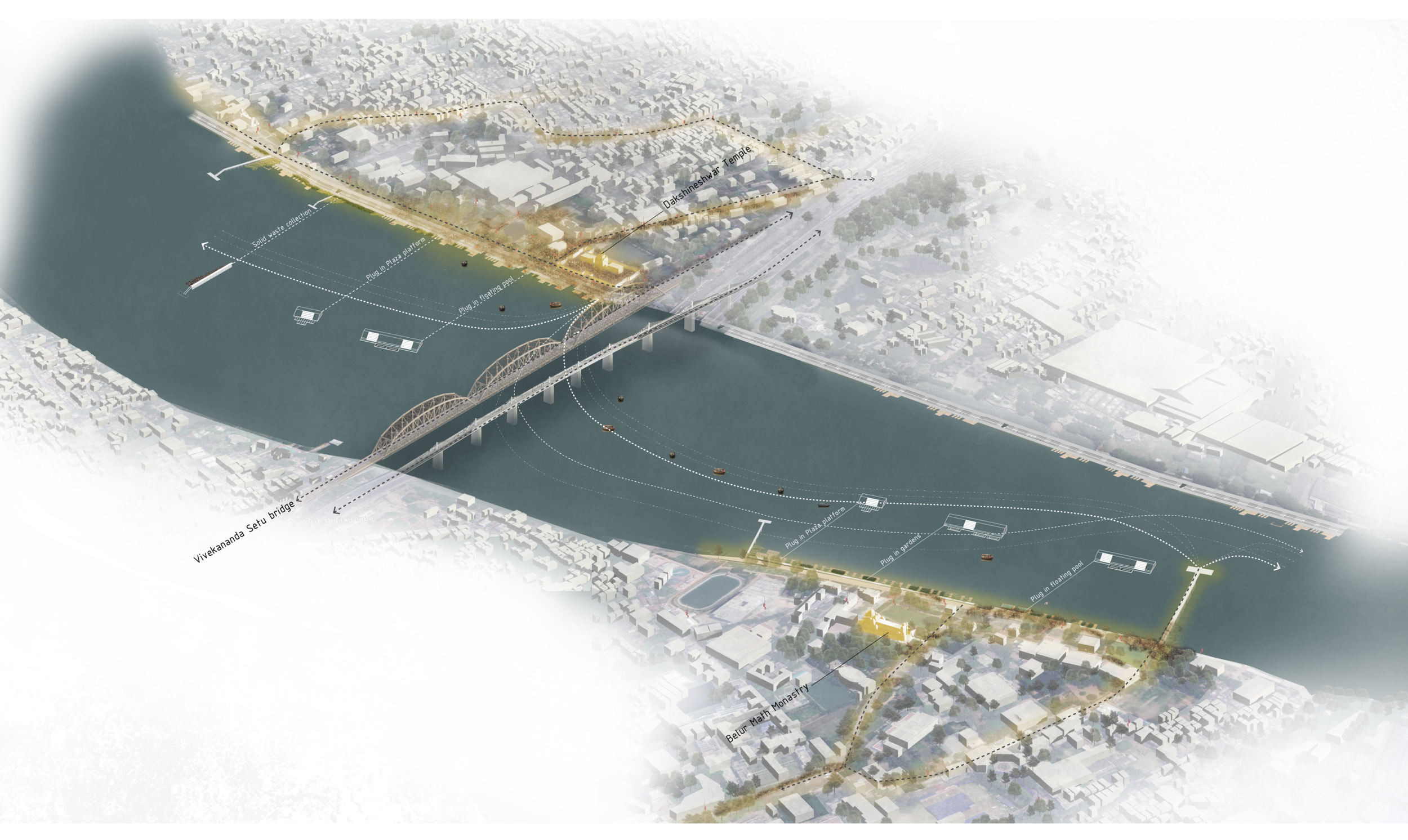 Aerial Rendering of Kolkata, showing the waterfront plug-ins