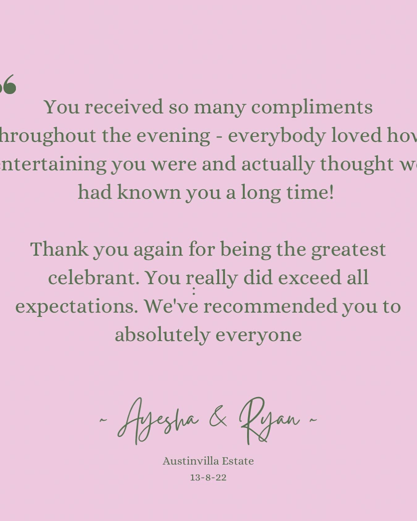 No photos yet but already some gorgeous feedback from Mr and Mrs Meffan&hellip;
🍑 🍑

📍 @austinvilla_estate 
👩🏻&zwj;❤️&zwj;👨🏻 @mushiepeas0 @ryan_brent 

#goldcoastwedding #goldcoastcelebrant #austinvillaestate #austinvillaestatewedding #brisban