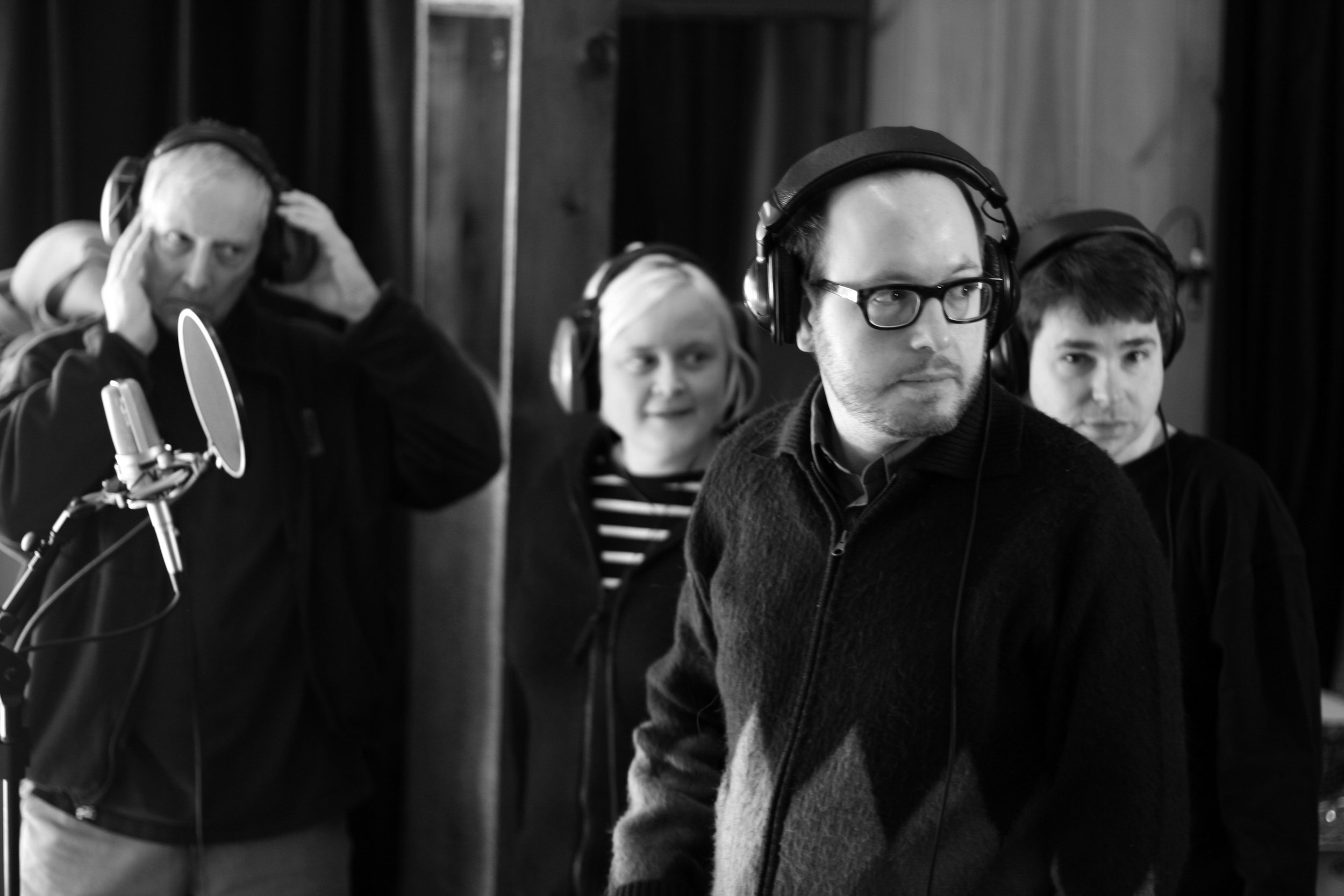   Doug Yule , “ Orange   Nichole” Ferree ,  Joel Mellin , &amp;  John Clarke  recording backing vocals for “Blue Eyes Brighton Bus Stop” at  Verdant Studios , 2008 
