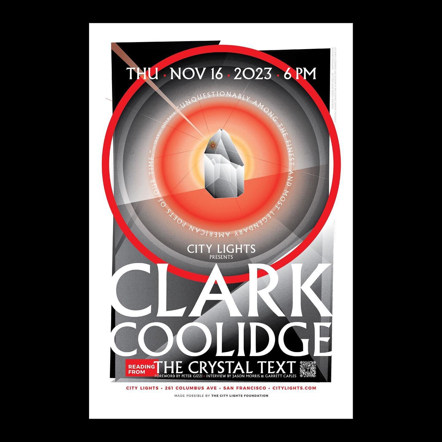 New work for @citylightsbooks: poster for the new edition of the 1986 Clark Coolidge modern poetry classic &ldquo;The Crystal Text.&rdquo; I made two versions; one to promote the reading and one for the book. CC was signing &lsquo;em at the event las