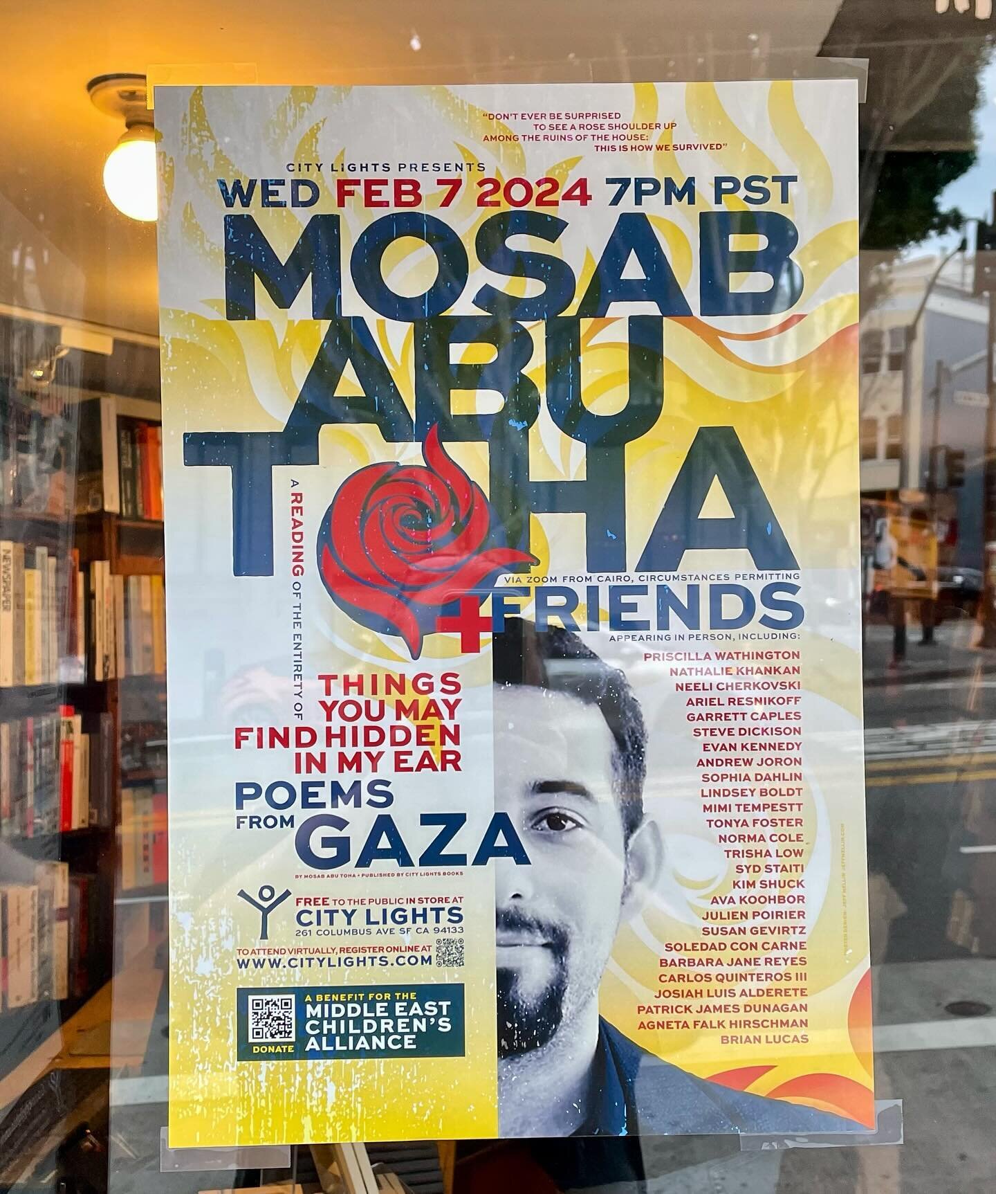 My poster for the upcoming live reading of Mosab Abu Toha&rsquo;s &ldquo;Things You May Find Hidden In My Ear: Poems from Gaza&rdquo; at @citylightsbooks. 26 all-star poets are scheduled to read the American Book Award-winning book in its entirety. @