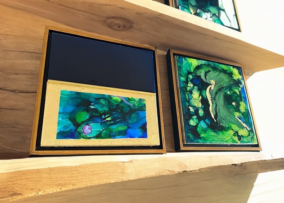 Two 12" Floating framed mixed media squares