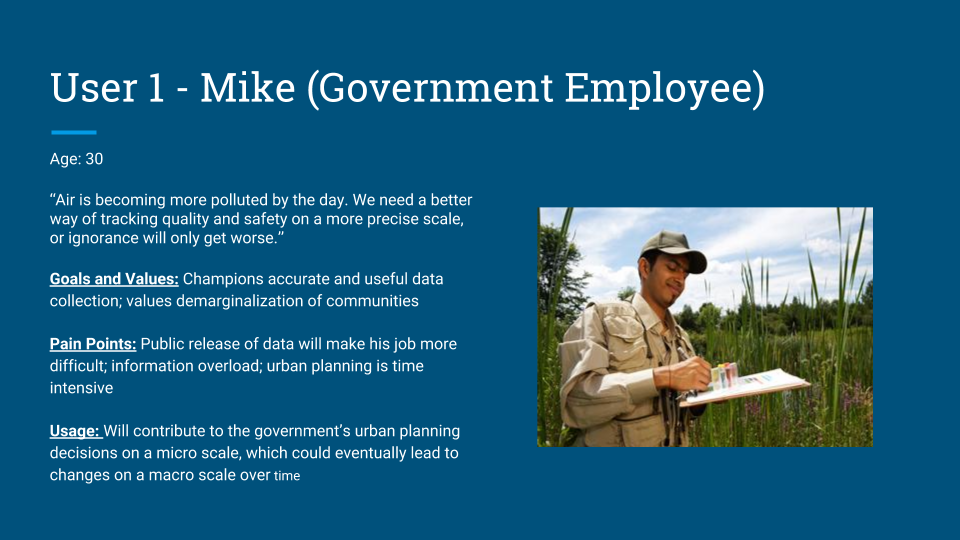 Mike would be responsible for creating legislation that holds ride-sharing and other private transport responsible for using Sensaira ethically, and will fine individuals who slack with combating air pollution or forge data. We envision Sensaira to be part of a larger Carbon Credits network and an internal carbon market that is enforced on all methods of transportation.