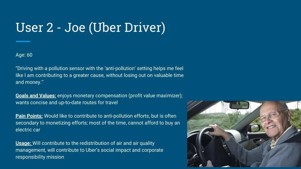 Joe’s role is to contribute to the web-mapping service and social networking aspect of Sensaira. Joe, through Sensaira’s feedback and app integration, will be notified of routes with the least amount of pollution. He will then follow these routes, to spread concentration and create a more balanced air quality throughout an urban environment. Drivers and ride-sharers can be required to or compensated for taking target routes.