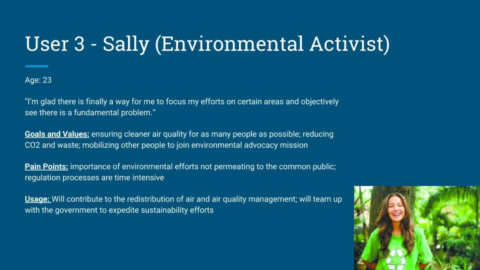 Sally’s role is to inform and support urban planning decisions with detailed information, as well as distribute requirements to a smaller community to keep track and maintain a balanced air quality.