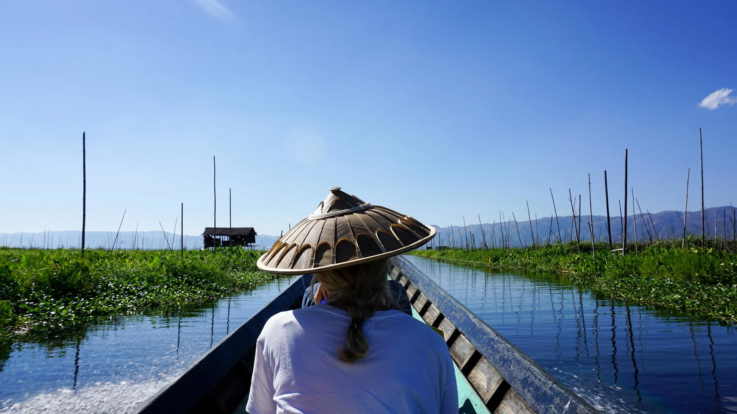 Cruising past the floating gardens on Inle Lake