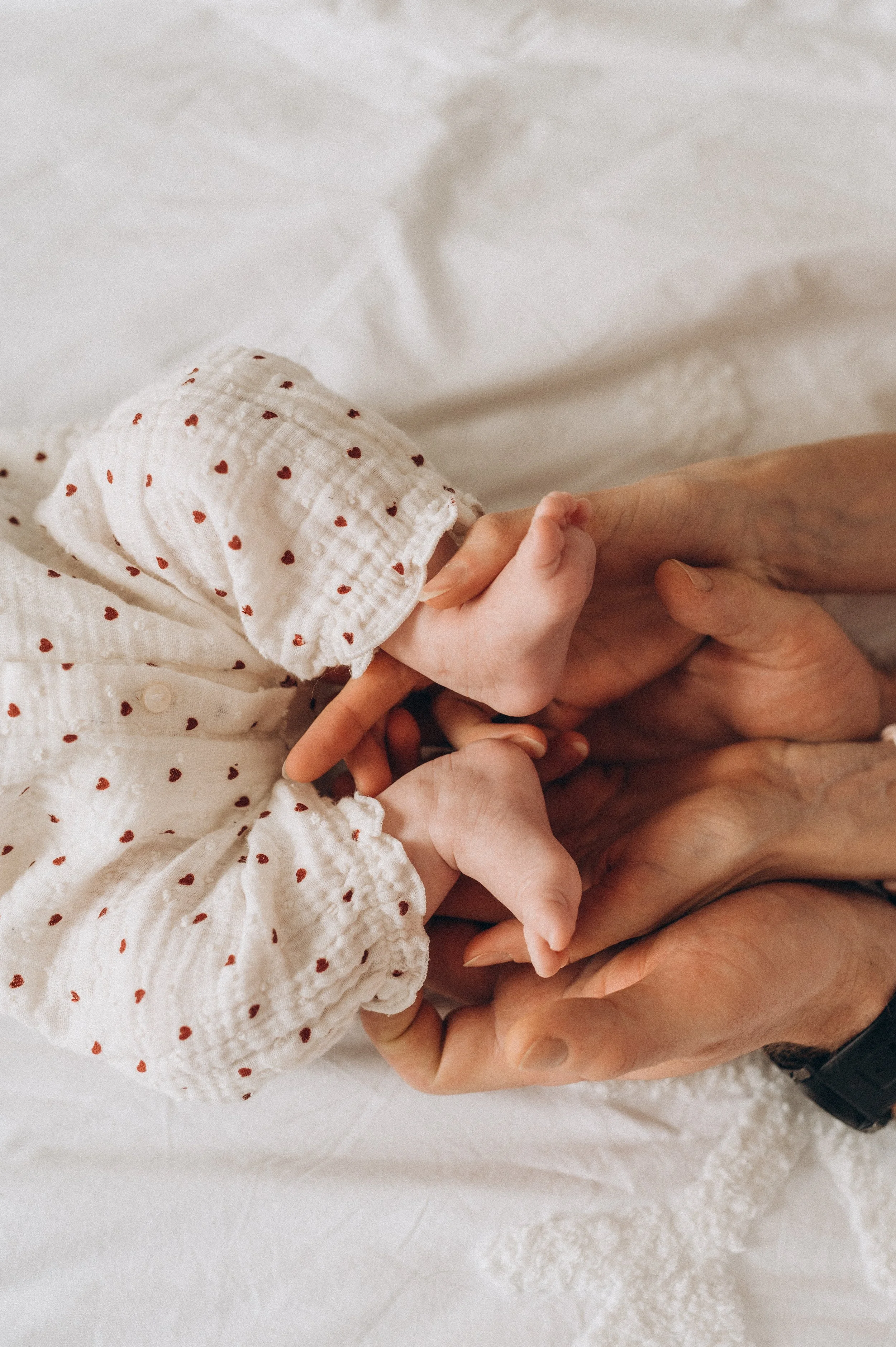 Close-up of adult hands holding two small baby hands, one of which is dressed in a white sleeve with tiny red hearts. The scene conveys tenderness and care.