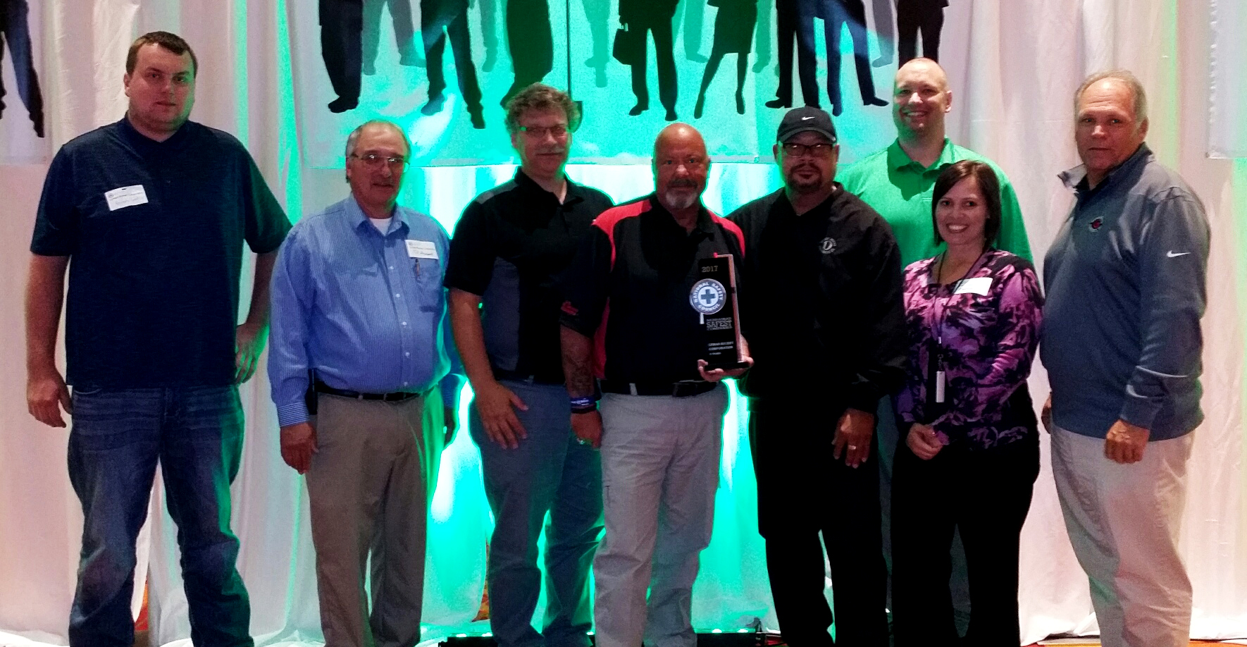 Jerod Hendricks/Lyman-Richey Employees representing Lyman-Richey at the Nebraska Safety Council's annual Celebration of Safety luncheon: (from left) Peyton Connelly (Field Safety Specialist); Ted Howard (Safety & Blasting Superintendent - Lyman-Richey Sand & Gravel), Tony Swoboda (Corporate Plant Maintenance and Construction Manager), Dave Dailey (Corporate Safety Director), George Claxton (Safety Administrator), Shawn Cassidy (Field Safety Specialist), Andrea Simpson (Safety Coordinator), Doug Carroll (General Manager - Gerhold Concrete Company, Inc.).