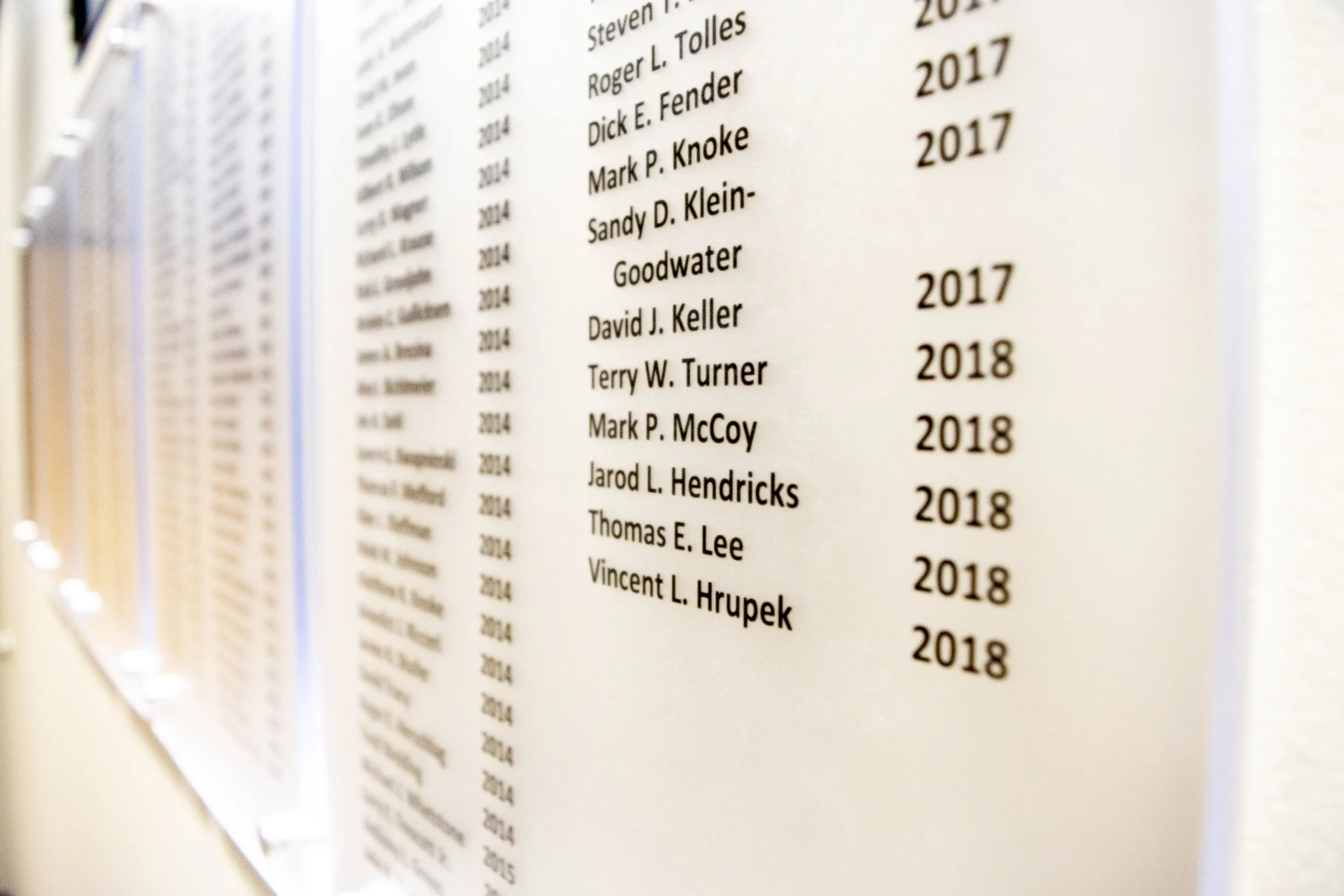 Photo by BRADY JONES/Lyman-Richey CorporationThe names of more than 300 members of the 25 Year Club are posted on plaques at the corporate office in Omaha.