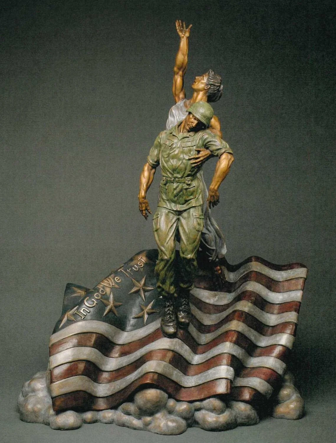 The Going Home sculpture by Sondra Jonson features an angel carrying a fallen soldier to heaven and was modeled on a larger statue dedicated to Robb L. Rolfing in Sioux Falls.