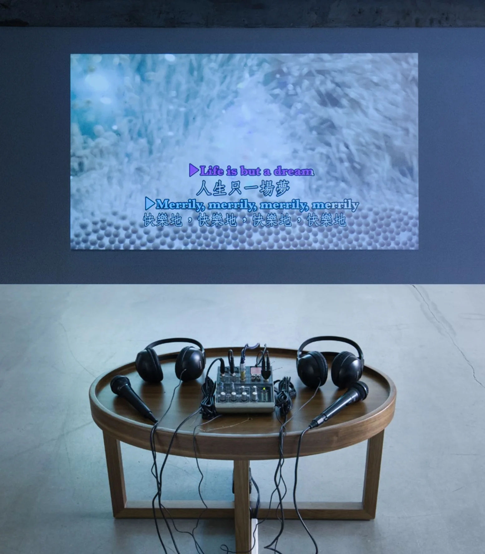 photo credit/ blindspot gallery presented in blindspot gallery (Hong Kong) and bonacon gallery (Guangzhou) Sigg Collection 互動裝置 尺寸不定 Interactive Installation Size variable Karaoke set, headphone, coffee table, HD single channel video / 卡拉OK裝置、耳機、茶几、高清單頻道錄道像 There is a leisure farm located close to our farm. It provides holiday-makers with possibilities of enjoying the taste of farming life with organic strawberry fields, small parcels of land to rent for recreational gardening, barbecue and karaoke singing. The field is filled with pop songs from different generations. When could we sing our songs to us? 農田附近有一休閒農莊,給人假日享受田園風味,那是有機士多啤梨園、格仔田、燒烤跟卡拉OK的復合程式。不同年代的流行曲榮繞不散,哪個時候才會唱起我們那幾首歌,那幾首給我唱的歌。