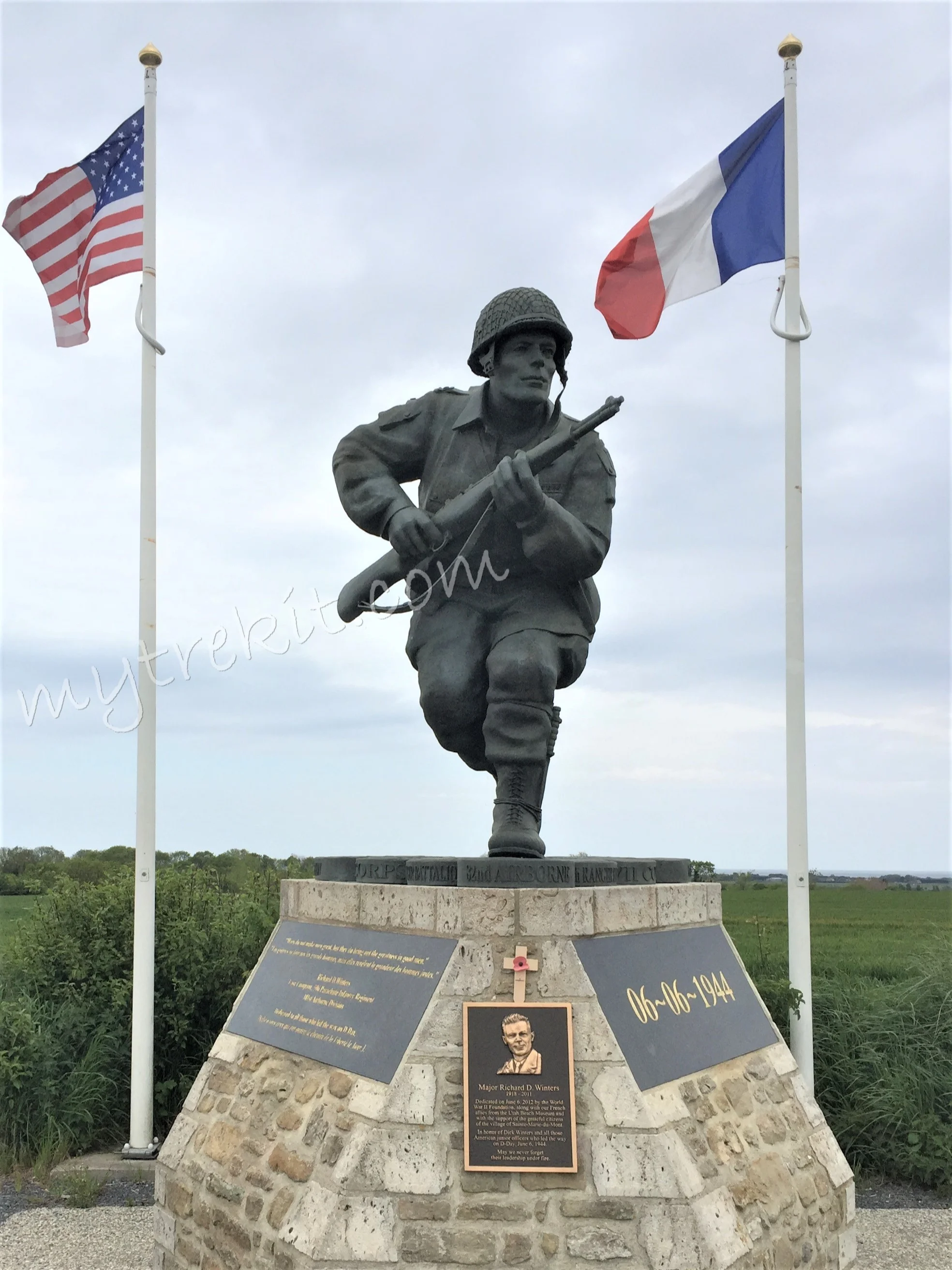 Along the road to Sainte Marie-du-Mont, you will find the 12 ft. bronze Richard Winters Leadership Monument, honoring D-Day's junior U.S. military officers' service on June 6, 1944.