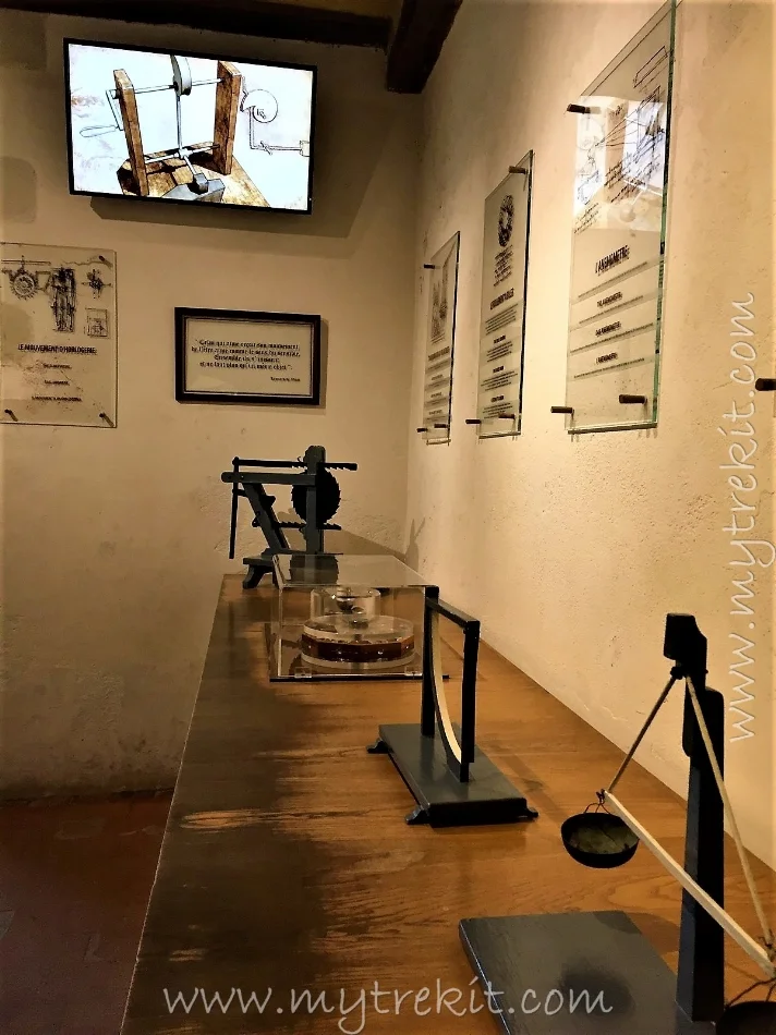 A video screen in the background demonstrates the different components of Leonardo's mechanical ingenuity.