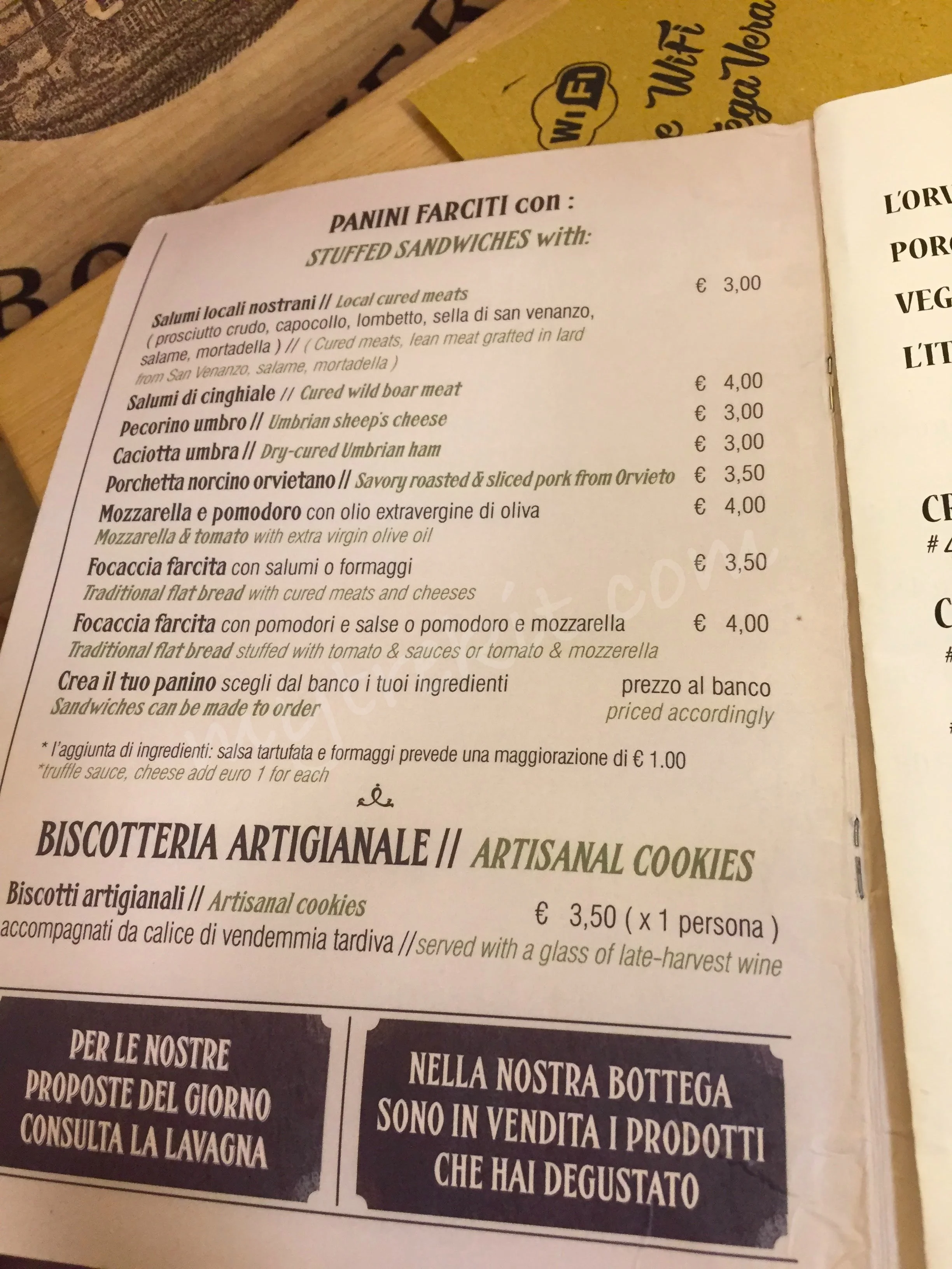 A sample menu from the local deli and wine shop.