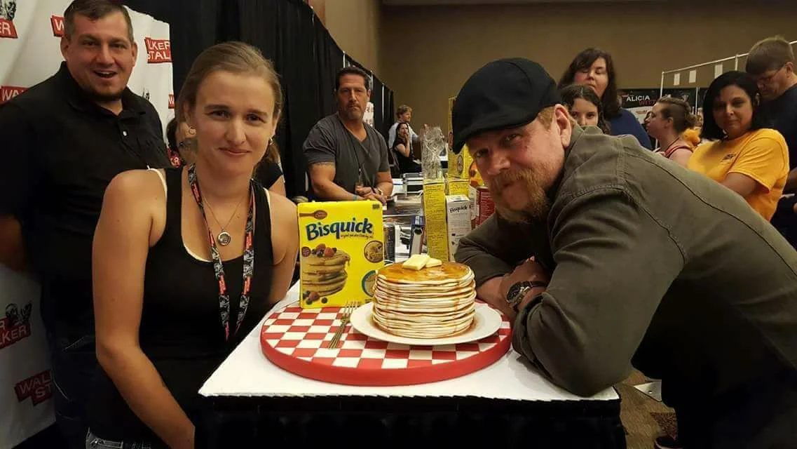 Michael Cudlitz with Elizabeth and his stack of pancakes. Made in honor of Michael collecting donations of bisquick and other goods for local food pantries.
