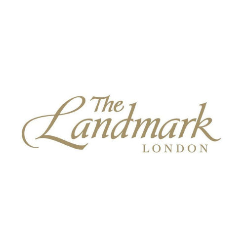 The logo of The Landmark London hotel with the name in elegant gold script on a white background.