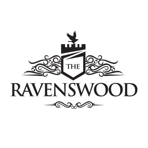Logo for The Ravenswood featuring a stylized crest with a crown and an eagle, decorative flourishes, and the name in bold capital letters.