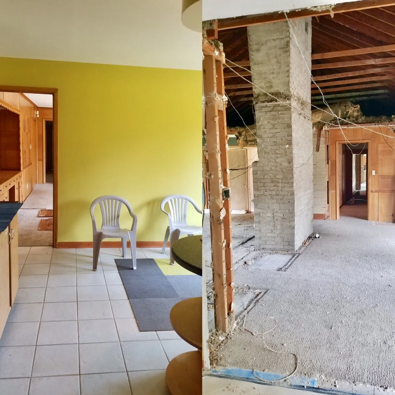 Left: The kitchen and breakfast nook area. Right: The green wall has been knocked out (and about every other wall) to open up the kitchen to the rest of the living space. Details: To the right of the chimney will be our dining room. The left of the chimney is our family room. We plan on all hardwood floors, with some type of buffet (where you see that blue tape) to create a little separation between the dining room and kitchen area. 
