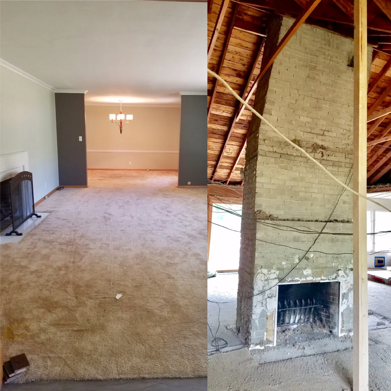 Left: Standing at the front door, looking into the family room and lounge. Right: The family room with both walls knocked out around the chimney. Details: Here you get a better idea of how open the space now is. Dining room is behind the chimney. Kitchen and Lounge for off to the right.