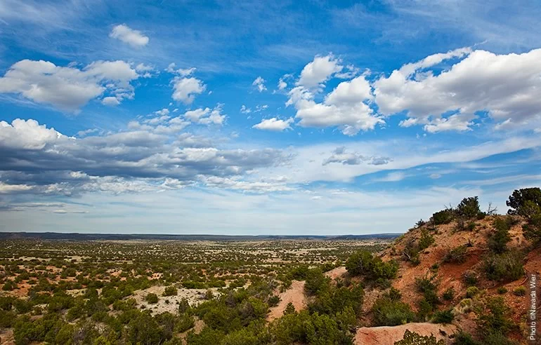 Seemingly endless vistas and red-rock mesas characterize views of the southern Galisteo Basin from the Preserve’s ridges.