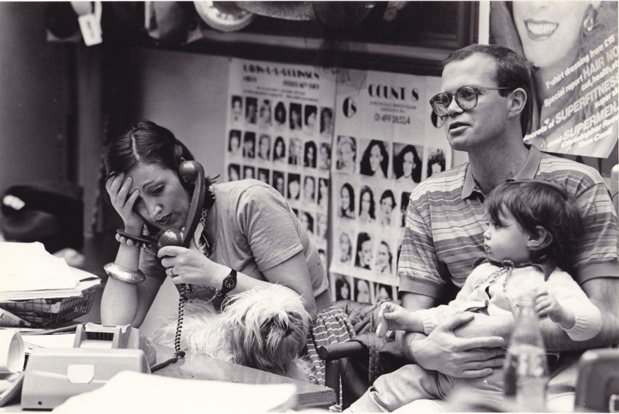 In the office at LFPR, behind the Mrs Howie shop in the early 70's, with former husband Paul Howie, baby daughter Jessica and Sam the Shih-tzu