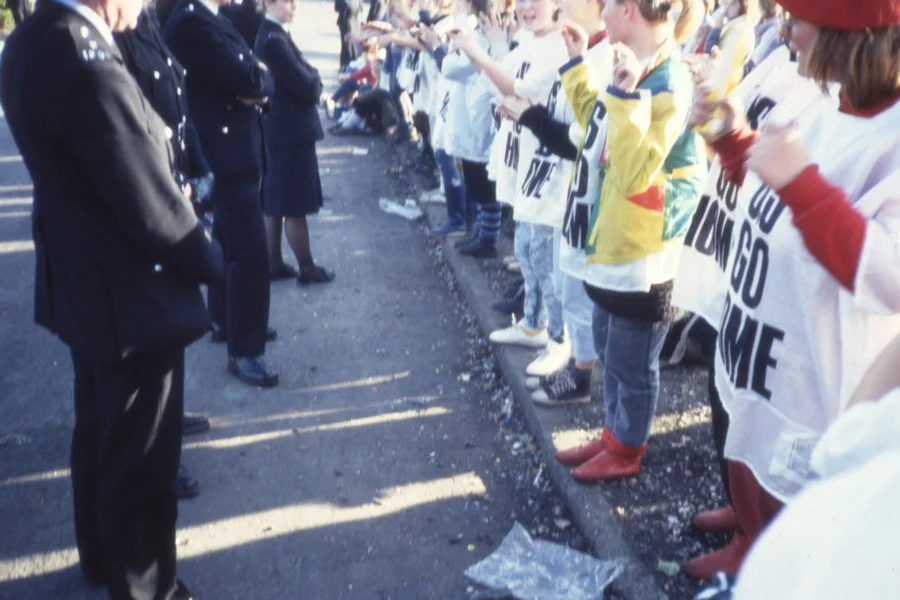At Greenham Common with designer Katharine Hamnett and her 'US GO HOME' slogan T-shirts, 1983