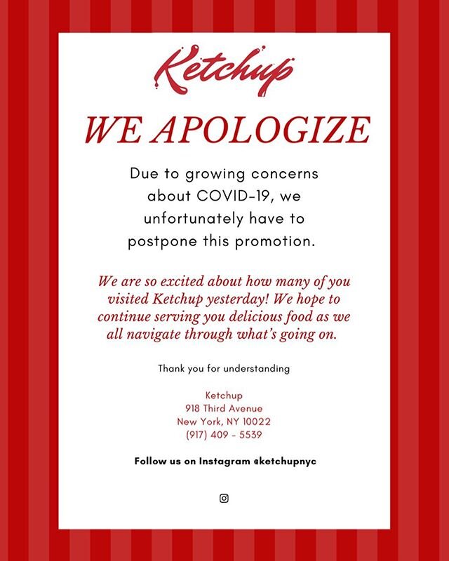 We unfortunately have to cancel the promotion until further notice due to growing concerns about COVID-19. We thank you for your support yesterday and we hope to continue to serve you all delicious food as we navigate this situation together.