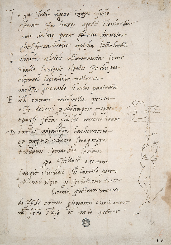 Michelangelo Buonarroti (Italian, 1475–1564). Sonnet "To Giovanni da Pistoia" and Caricature on His Painting of the Sistine Ceiling . Pen and brown ink. Casa Buonarroti, Florence Archivio Buonarroti (XIII, fol. 111)