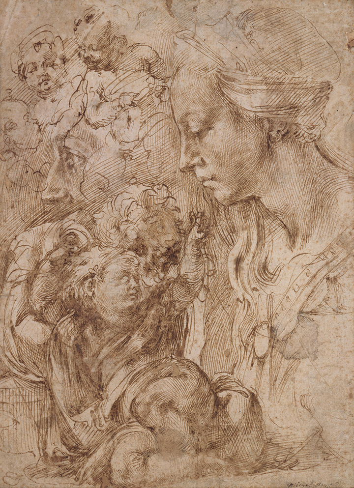 Michelangelo Buonarroti (Italian, 1475–1564). Sketches of the Virgin, the Christ Child Reclining on a Cushion, and Other Sketches of Infants . Pen and brown ink. Staatliche Museen zu Berlin, Kupferstichkabinett (KdZ 1363)