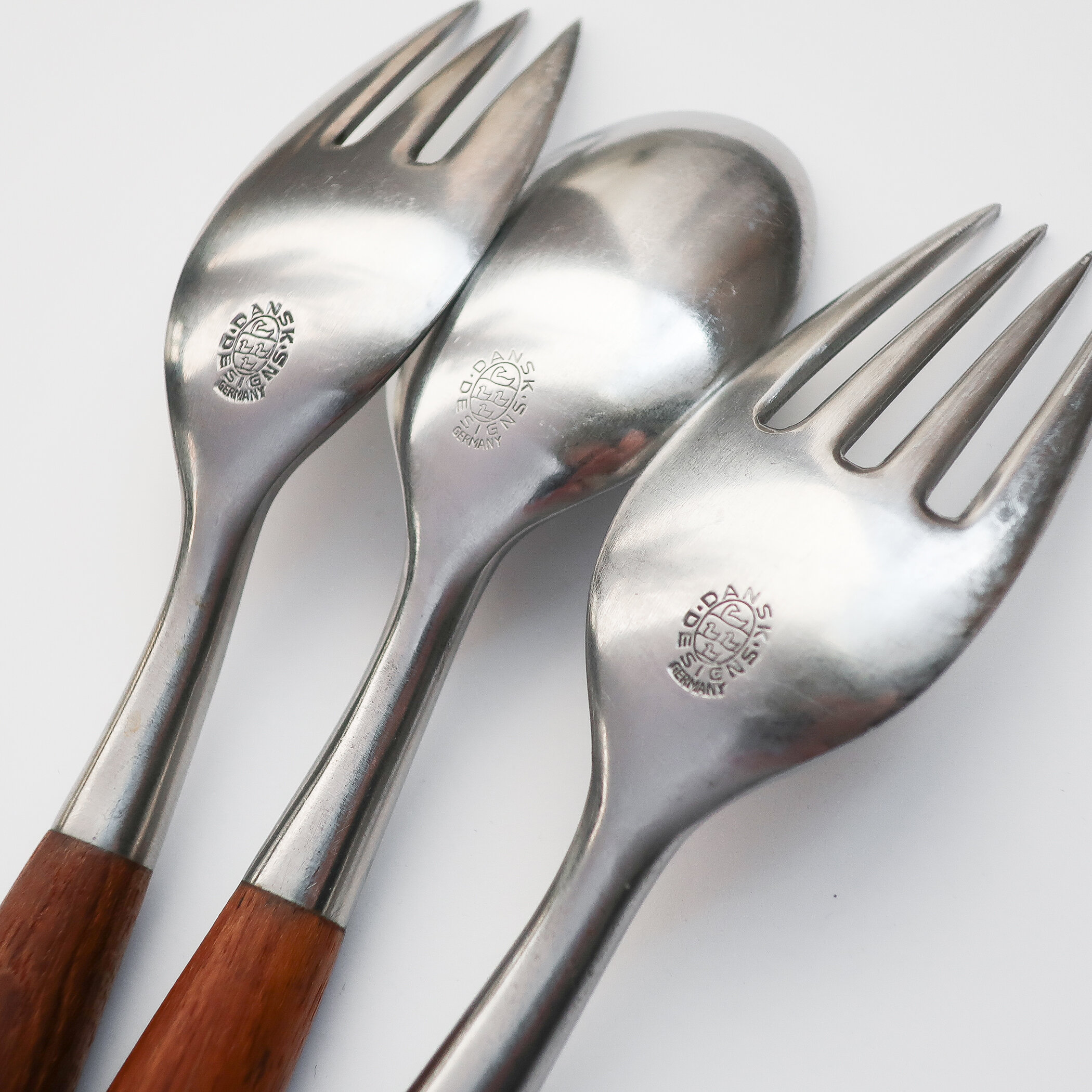 4 Brass Dessert Forks Teak Wood Handle with Rivets 6 "L 