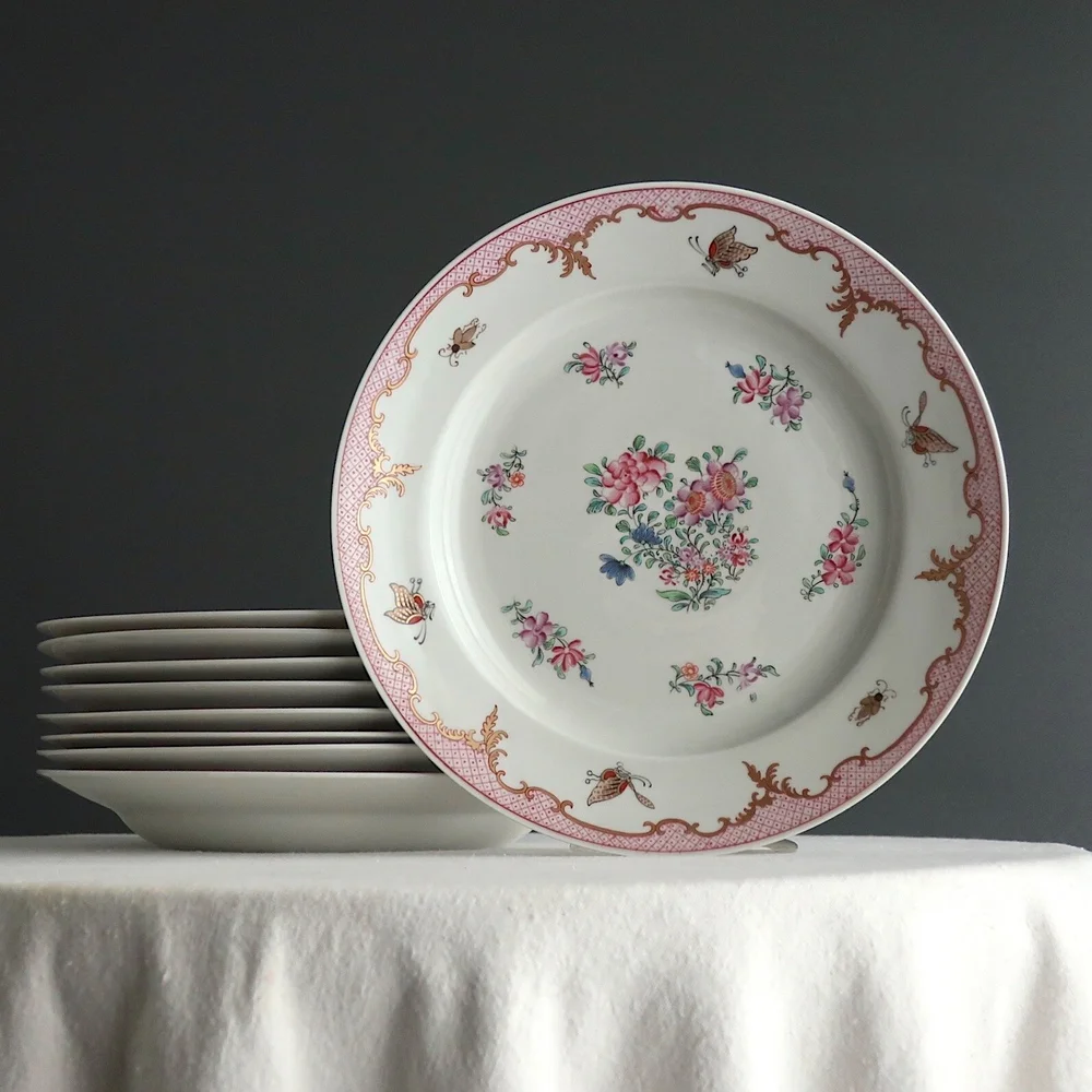 Set of Eight French Pink Porcelain Plates - Chinese Export Samson