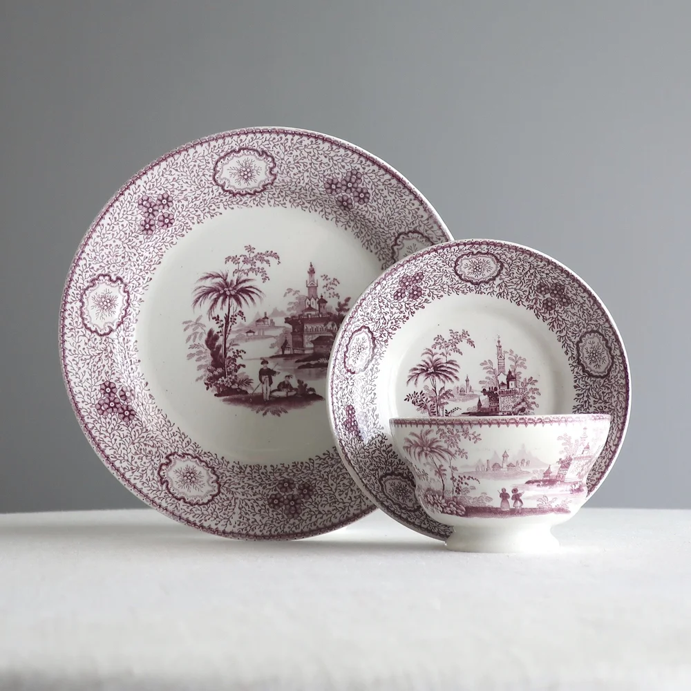J. Wedgwood Purple Transferware - Cup Saucer Plate - Singanese c