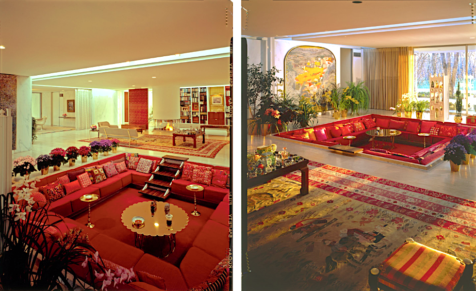 Two interior views of the Miller House conversation pit. The cushions and pillows were changed seasonally. Photos by B. Korab, collection of the Library of Congress.