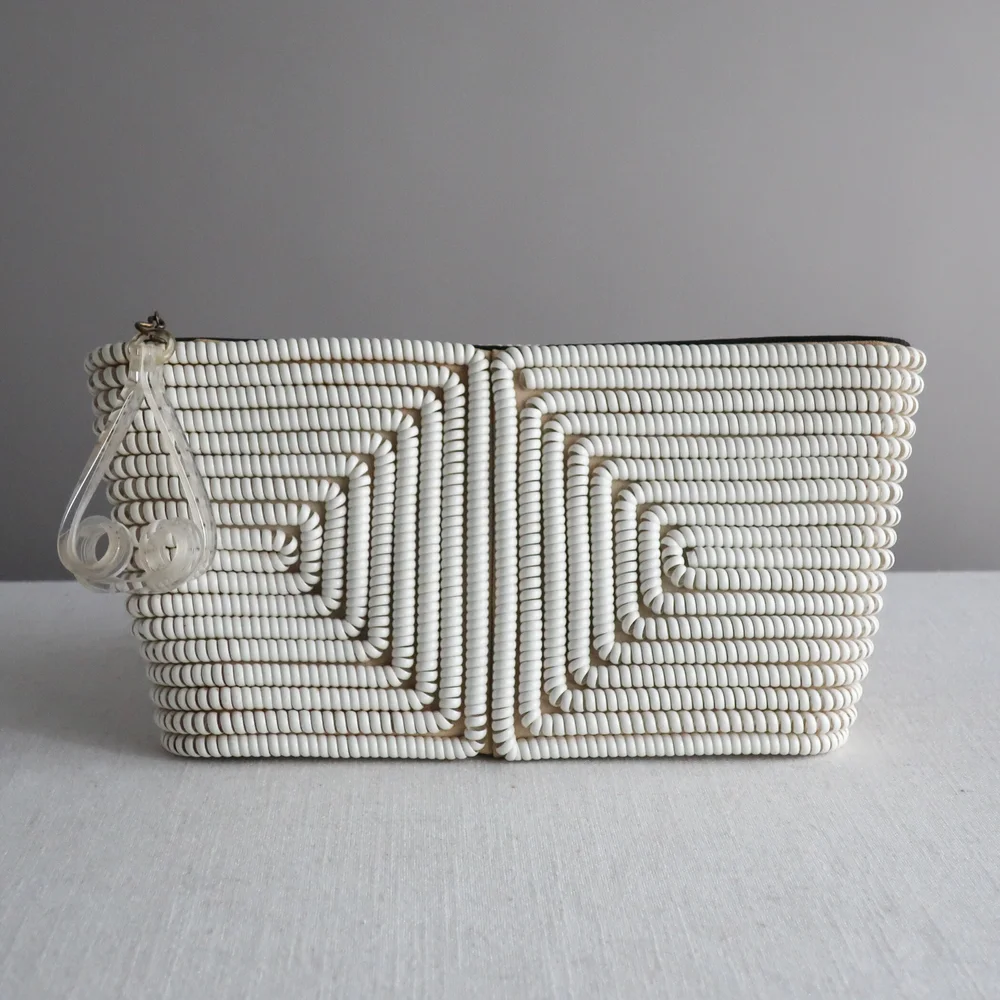 Vintage Telephone Cord Plastic Coil White Handbag 1940s Clutch 