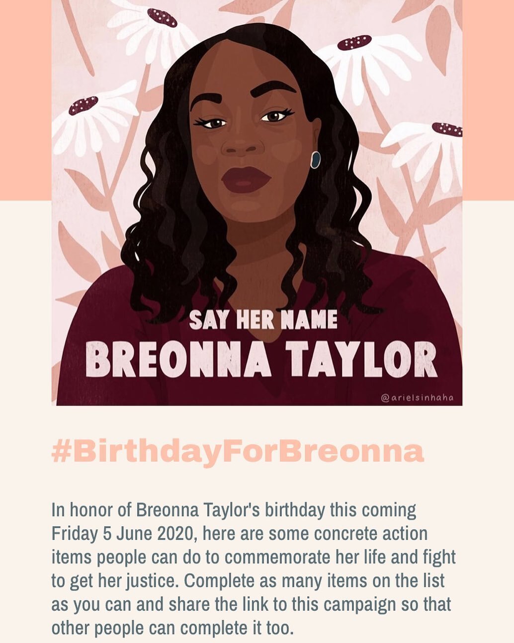 Feeling outraged? Today is a great day for ACTION. Breonna Taylor was murdered in her Louisville, Kentucky home by police executing a “no-knock” search warrant after already apprehending the main suspect ten miles away. Link in my bio to