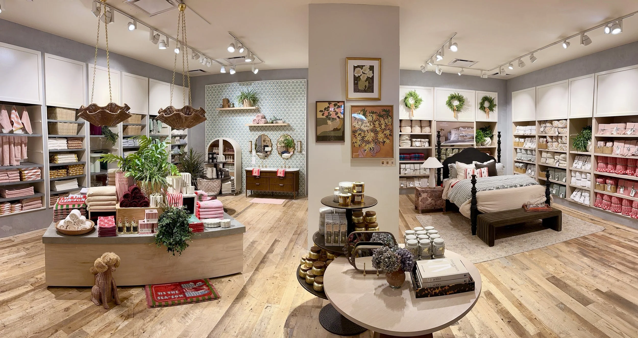    Anthropologie Holiday ‘25 Interiors:    Custom sized cabinets constructed and painted. Vignette wall built, framed, and wallpapered.  