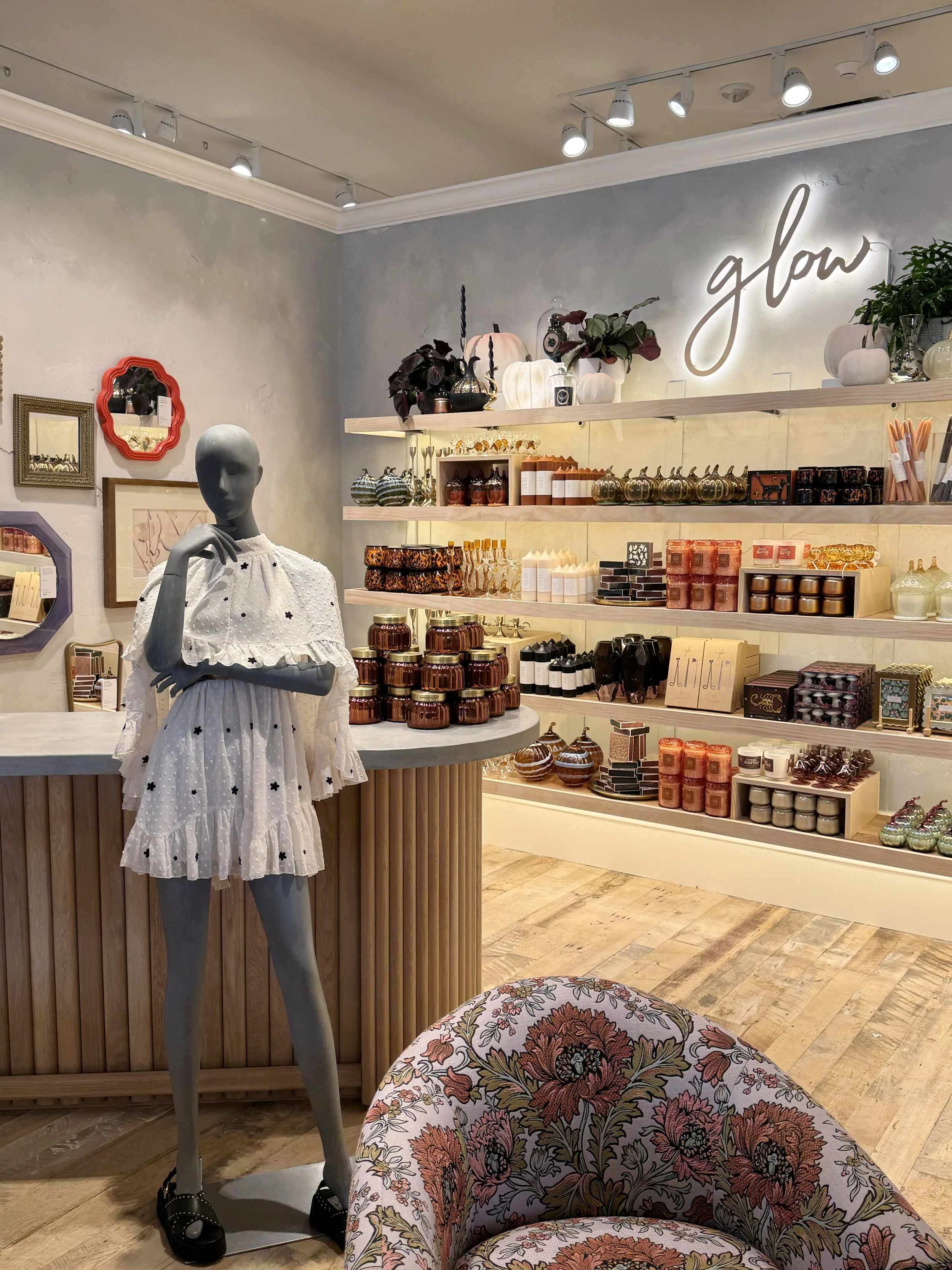    Anthropologie Fall ‘25 Interiors:    Custom lit and lipped shelves built. Large cubes built to support apparel. Small risers built to support merchandise. 