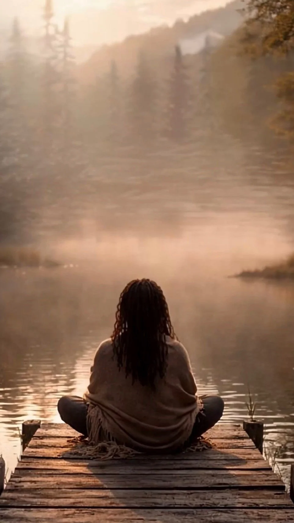 Person with braided hair sitting cross-legged on a wooden dock, facing a calm river with mist and trees in the background at sunset.