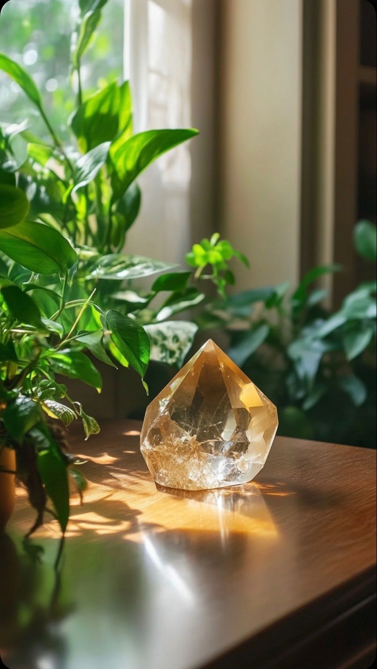 A clear, faceted crystal resting on a wooden surface, with green houseplants and sunlight streaming through a window in the background.