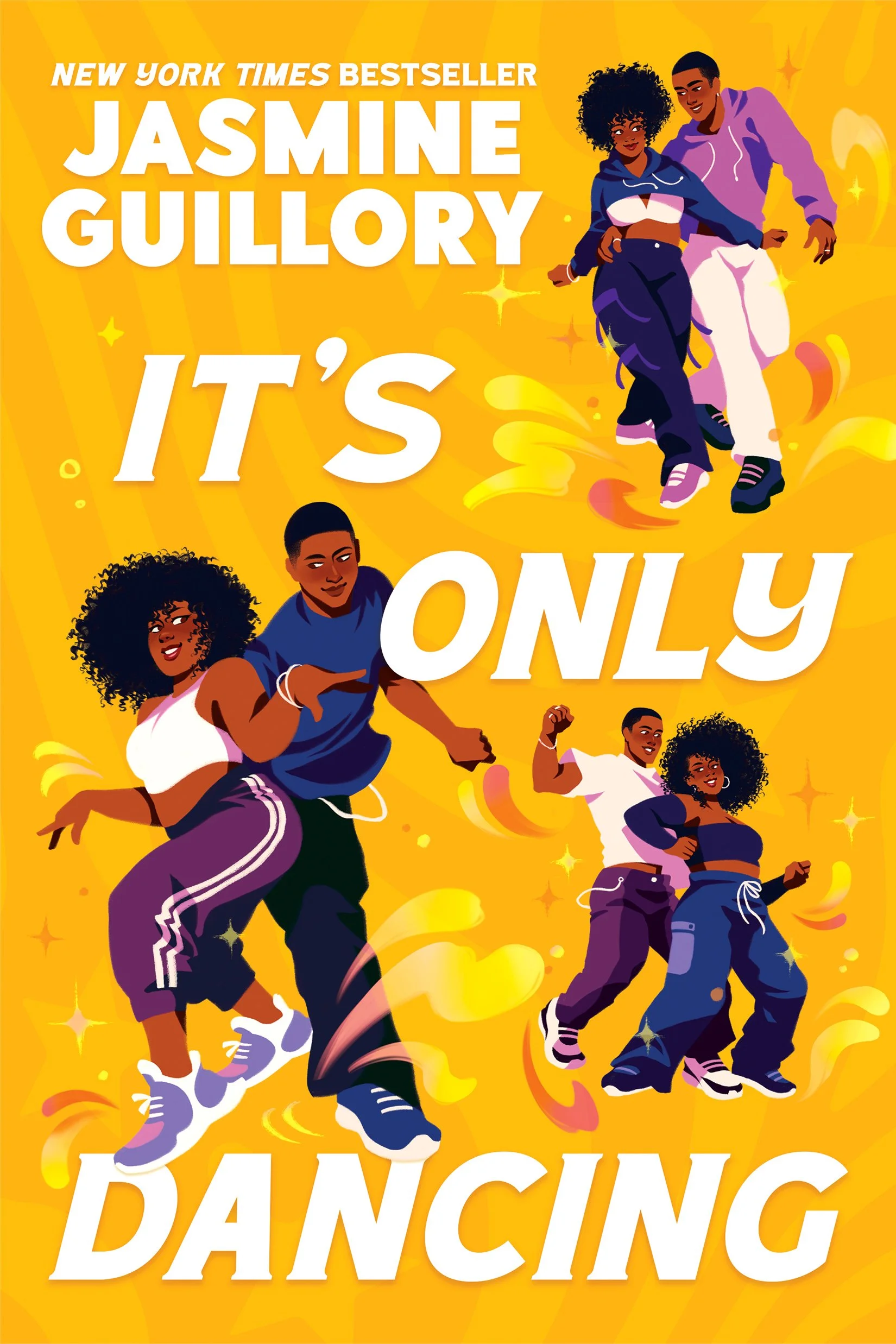 Book cover that reads 'New York Times Bestseller Jasmine Guillory It's Only Dancing,' showing three vignettes of the same two Black dancers, set against a yellow background.