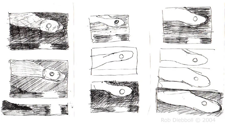 Good Harbor Moon sketches, pen on paper, 3 @ 3.5"x5.5"