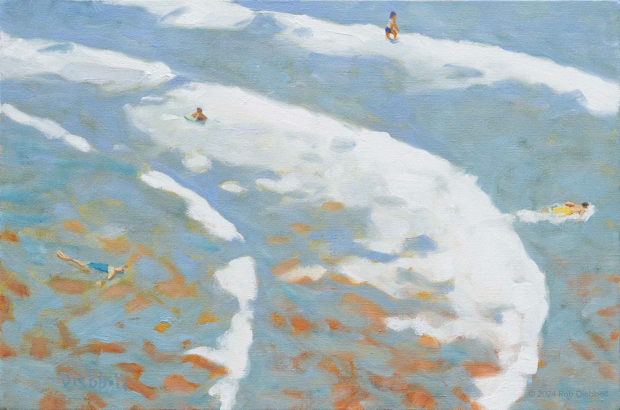 &ldquo;Finding Infinity&rdquo;, 16 x 24, oil on linen
This is a plein air, meditative piece, done earlier this summer from way up on the rocks looking down over the Long Beach surf. I loved how the hot orange sand came through the cool blue water sur