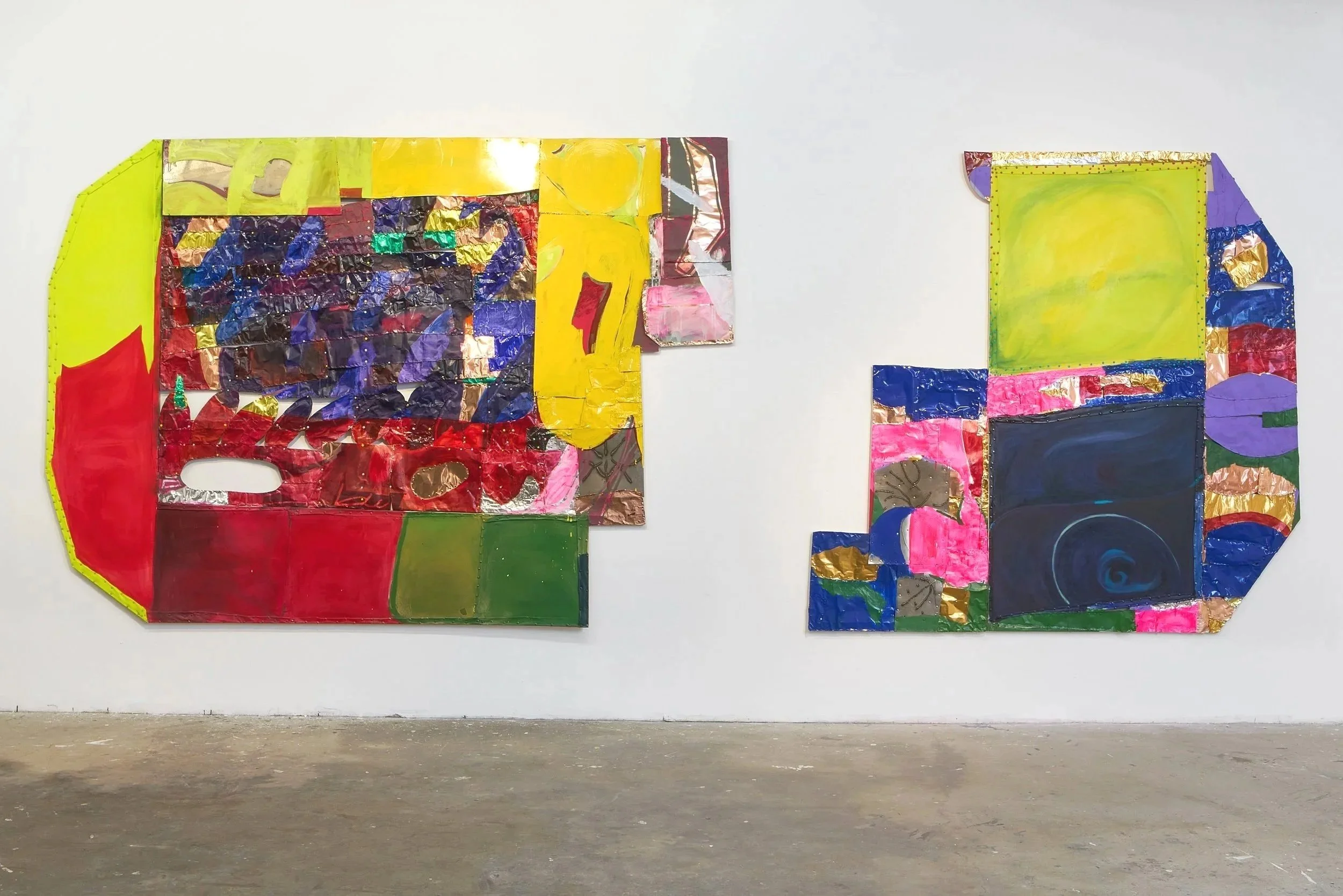  Transformer (Diptych), oil, enamel, flash, and acrylic paint on copper, aluminum, steel, and canvas over hand-built wooden frame 96”h x 240”w 