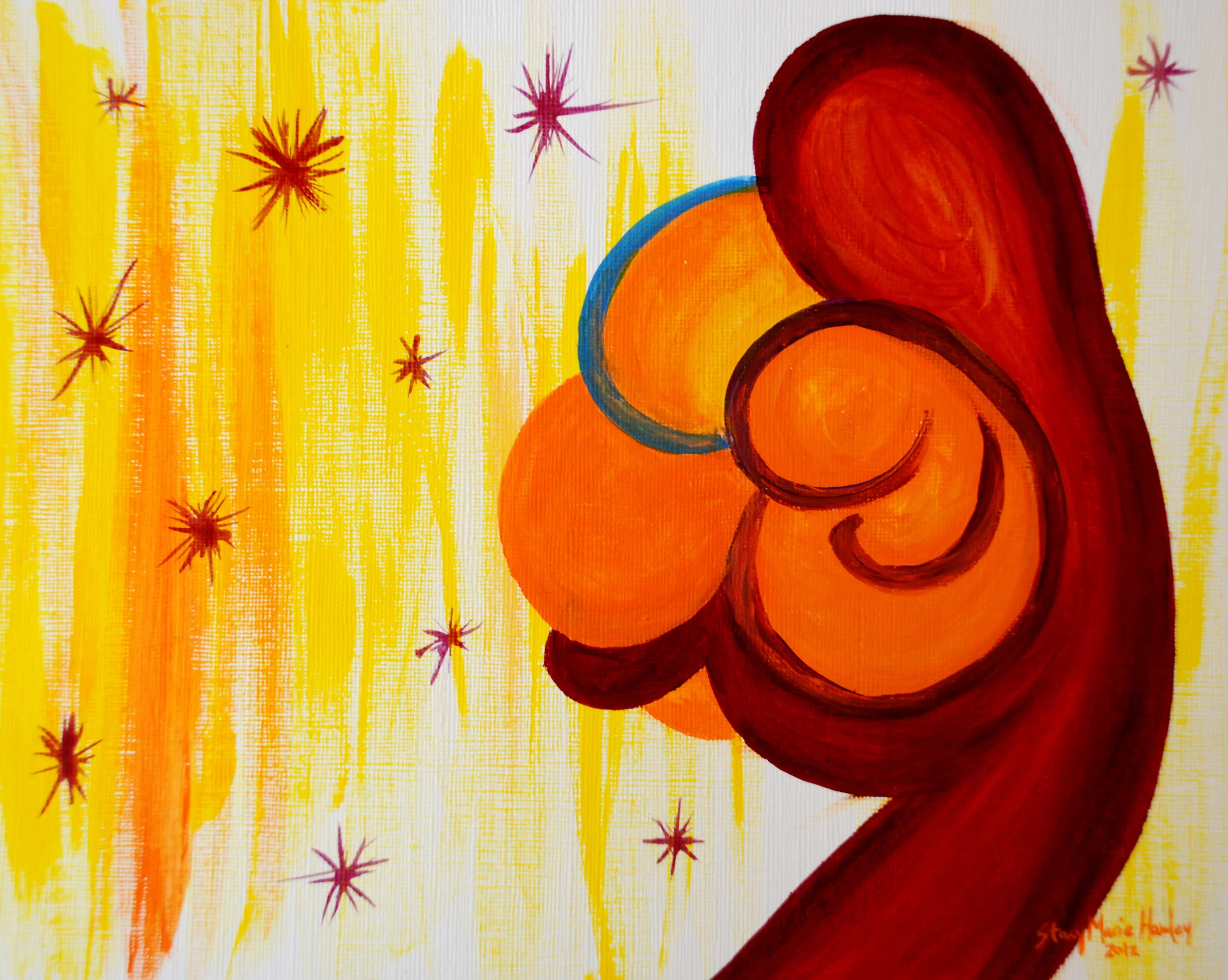 “The Beautiful Wait” by Stacy Marie Hawley, Acrylic painting, 2012This painting began with an image of a flower that turned into a figure holding all these gifts and dreams. One of the gifts was a child. I feel like the Lord is saying that He has no…