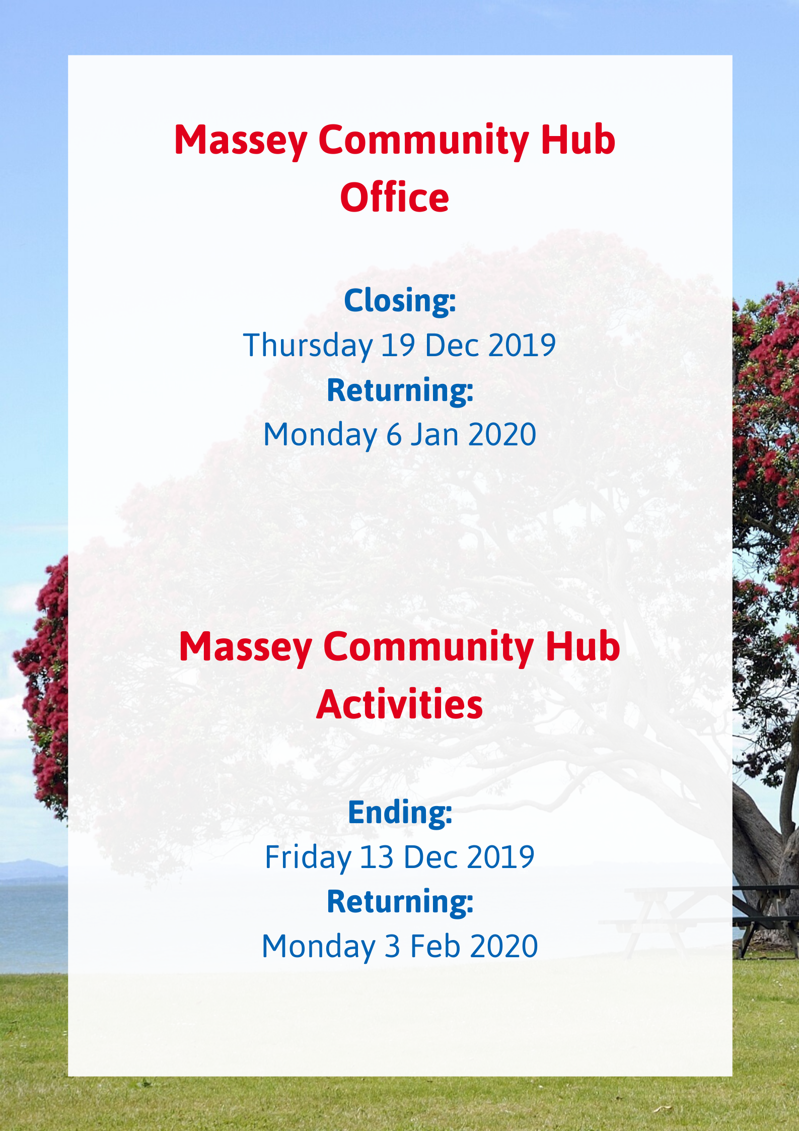 Massey Community Hub Closing Dates